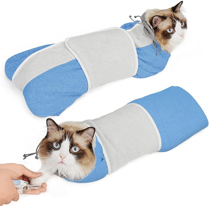 Supet Cat Grooming Wrap for Cutting Nails, Self-Adhesive Calm Cat Swaddle | Bite-Proof Mesh Hood & Thick Waist Strap Anti-Escape Anti-Scratch Bag for Nail Trimming, Medication, Ear Cleaning (Blue S)