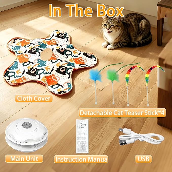 Interactive Cat Toy for Indoor Cats,Rechargeable Touch Activated Hide and Seek Cat Toys with Bird Squeaky, 2000 mAh Battery, Cats Feather Toy with 4 Cat Wands Colorful，for All Breeds