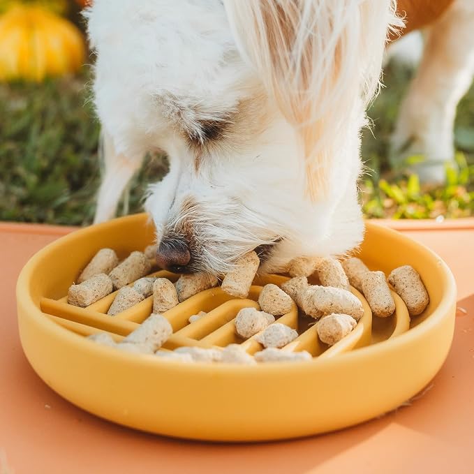 Slow Feeder Dog Bowls - Small Size Silicone Slow Eating Dog Bowl for Puppies & Dogs with Suction Cup -Dishwasher-Safe, Lick Mat Design, Reduces Gulping, for All Breeds, 6”x1.25”- Honey
