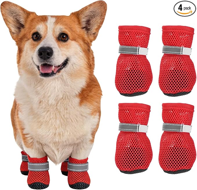 Dog Boots Paw Protector, Reflective Adjustable Non Slip Mesh Summer Breathable Dog Shoes Dog Walking Boots (L Size, Red, 4 Pcs) Intended for Paws Waterproof for Dogs/Cat/Puppy