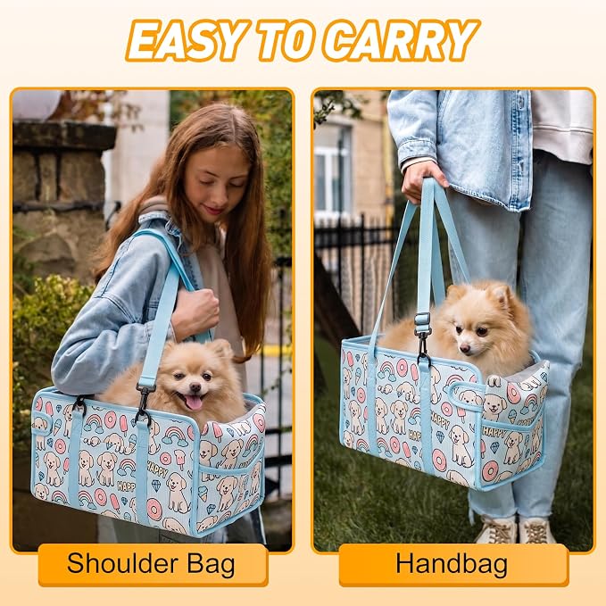 Console Dog Car Seat - Portable Dogs Armrest Booster Seat for Small Dog, Foldable Pet Car Seat with Safety Belt, Blue Puppy