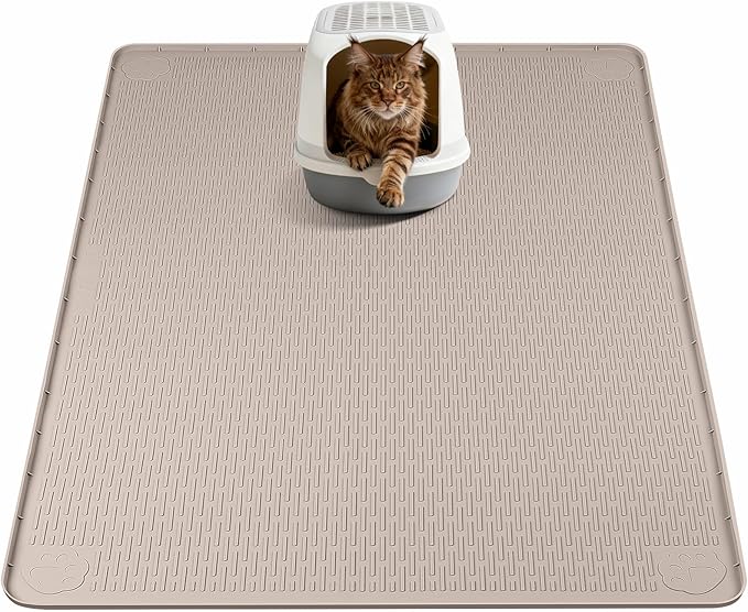 Silicone Cat Litter Mat for Litter Box 40”x40” Large Cat Mat, Khaki | Waterproof, Non-Slip, Leak-Proof Rug Mat with Lip, Easy to Clean, Extra Large Litter Catcher Mat for Floor