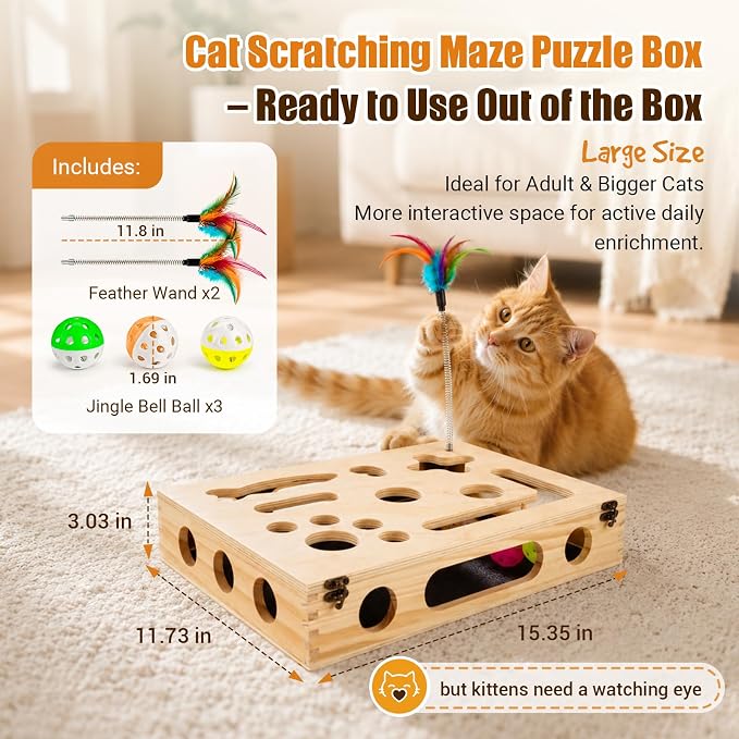 Cat Scratch Puzzle Enrichment Box, Wooden Interactive Toy for Indoor Cat | Cat Nail File Scratcher Box Include 2 Feather Wands & 3 Bell Balls, Claw Saver Box with Sandpaper Nail Trim for Cats & Kitten