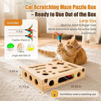 Cat Scratch Puzzle Enrichment Box, Wooden Interactive Toy for Indoor Cat | Cat Nail File Scratcher Box Include 2 Feather Wands & 3 Bell Balls, Claw Saver Box with Sandpaper Nail Trim for Cats & Kitten