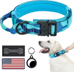 Hotsky Tactical Dog Collar, Adjustable Military Training Nylon Airtag Collar with Handle and Heavy Duty Metal Buckle for Medium Large Dogs, with Airtag Holder and Two Patches（Blue Camo,XL）