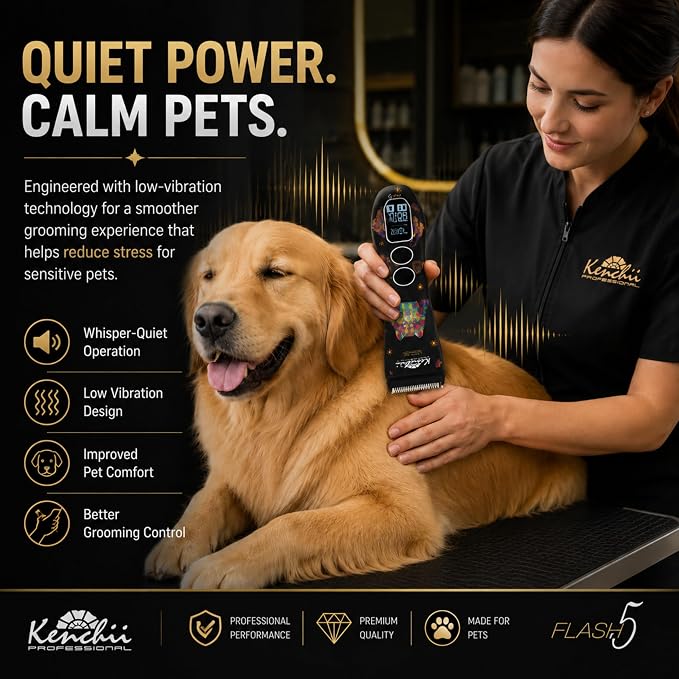 Kenchii Flash 5 Professional Dog Grooming Clippers, Cordless 5-Speed Pet Hair Trimmer for Thick Coats & Matted Fur, Quiet Heavy Duty Clipper, 5-in-1 Adjustable Blade, LCD Display, USB-C (Wolf Edition)