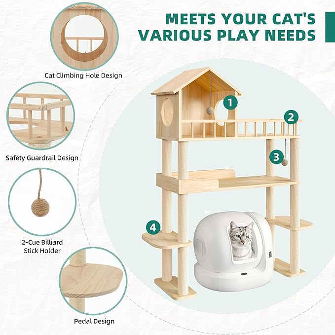 Wood Cat Tower for Automatic Litter Box, 4 Tier Cat Tree, 60 Inch | Multi-Level Solid Wood Cat Tree for Indoor Large Cats, Tall Cats Scratching Post Furniture w/Cats House, Burlywood