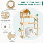 Wood Cat Tower for Automatic Litter Box, 4 Tier Cat Tree, 60 Inch | Multi-Level Solid Wood Cat Tree for Indoor Large Cats, Tall Cats Scratching Post Furniture w/Cats House, Burlywood