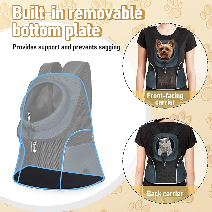 WOYYHO Pet Dog Carrier Backpack, Ventilated Mesh Small Dog Front Backpack | Breathable Puppy Back Pack, with Safety Belt, Storage Pockets, for Travel Hiking Cycling Outdoor Adventures, Dark Gray, M