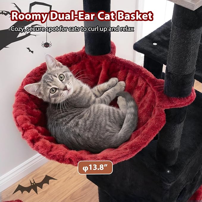 Gitelsnour Cat Tree, Sturdy Cat Tower with 2 Spacious Cat Condos GCT029BR | 60" Stable Base Cat Furniture for Large Cats with Wide Top Perch, Cozy Cat Basket, Sisal Scratching Posts & Toys, Black & Red