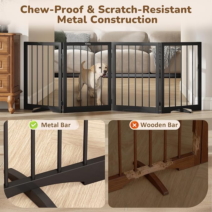 Free Standing Dog Gate Indoor, Foldable Dog Gate for Doorways Stairs | 4-Panel Freestanding Pet Gate with Support Feet for Stability, Folding Puppy Gate Easy to Move, Doggy Gate 72"x24", Black