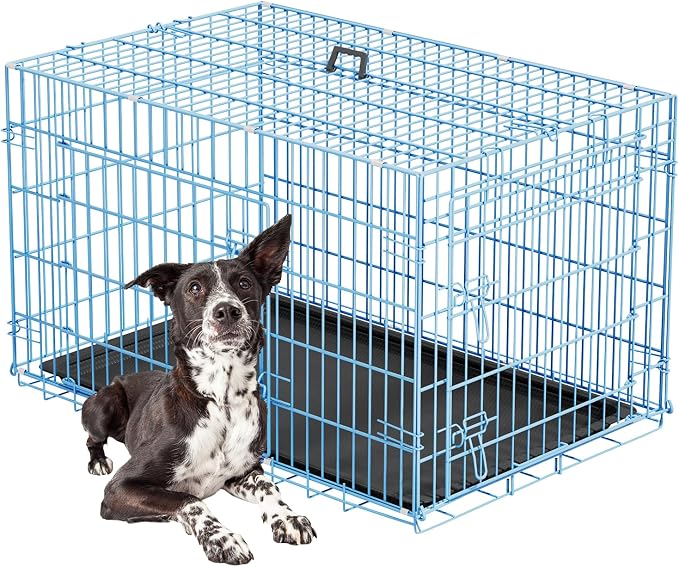 FDW Large Dog Crate 42inch Dog Cage Foldable Metal Kennel with Leakproof Tray Foldable Design Indoor Outdoor Use for Large Dogs,Blue