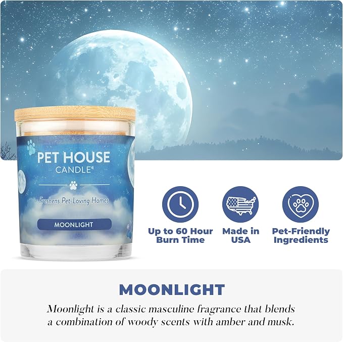 Pet House Candle Plant-Based/Soy - Clean Burning Scented, Long Lasting Pet Odor Candle for Home - Moonlight
