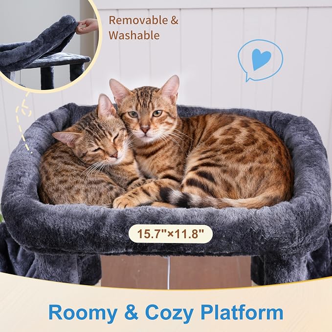 Hey-brother Cat Tree Tower with Large Platform, Spacious Condo, MPJ060G | 35.4 Inches, 2 Cozy Hammocks, Self-Grooming Brush, Sisal Scratching Posts for Big Indoor Adult, Maine Coon, Smoky Gray