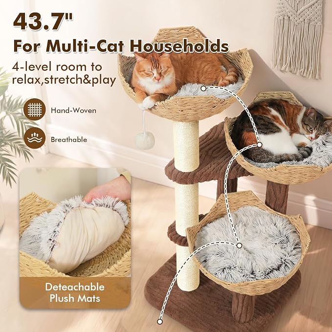 PAWZ Road Modern Cat Tree with Baskets, 44" Cat Tower for Indoor Cats,Brown | 3 rattan baskets (φ15.7") with thick cushions, sturdy base cat tree for large indoor cats, multi-level climbing resting space