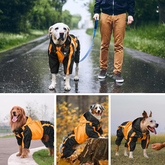 Dog Raincoat, 4 Leg Waterproof Dog Rain Jacket with Hood, Orange M | Rain Coat For Small Dogs, Doggy Poncho With Leash Hole, Snap Buttons, For Rainy Snowy Weather Walks, Hiking, Camping