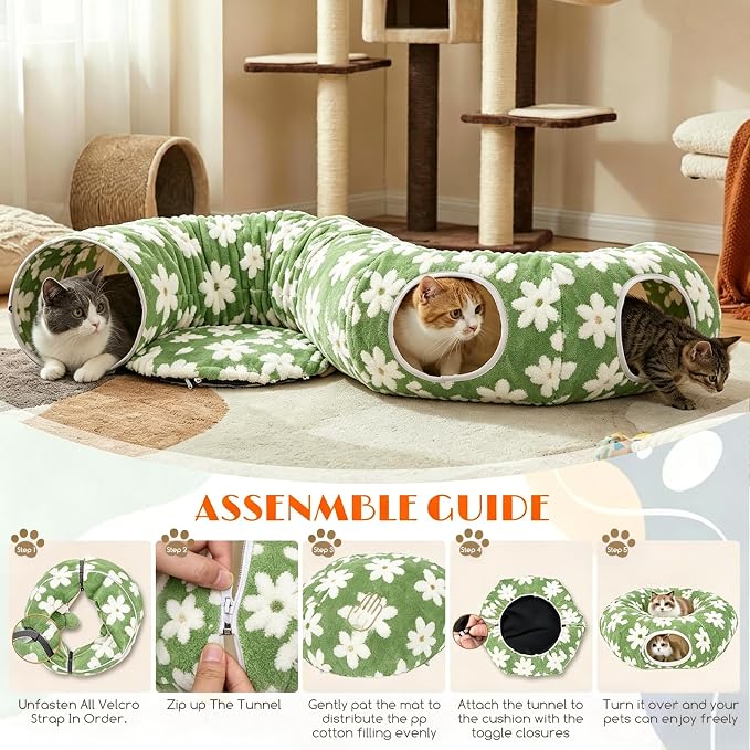 Cat Tunnel Bed with Interactive Cat Toys - Cat Tunnels for Indoor Cats | Donut Tunnel with Hideaway & Cushion, and Interactive Toys for Kitten, A Peekaboo Cave That'S Perfect for Indoor Pets to Play
