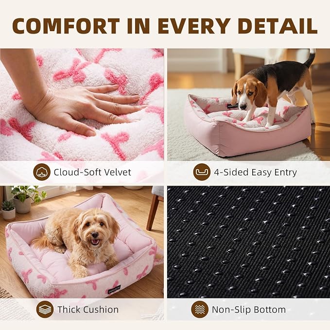 Mora Pets Reversible Pet Beds for Small Dogs Large Cat Bed Washable - Cool & Warm 2-in-1 Anti Anxiety Dog Bed for Summer, Rectangle Puppy Bed with Cute Pink Bow (25''x21''x7'')
