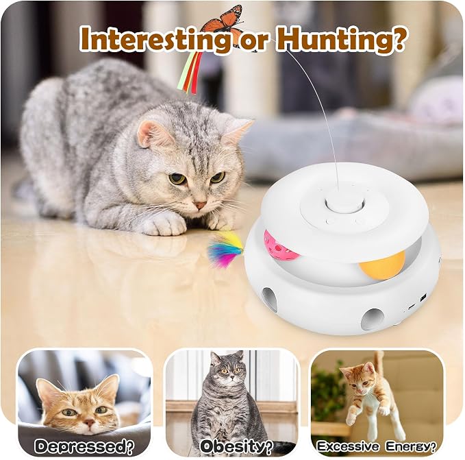 3-in-1 Interactive Cat Toy for Indoor Cats, White | Rechargeable Automatic, Fluttering Butterfly, Moving Feather, Smart Sensor 6 Holes Whack-A-Mole, Track Balls