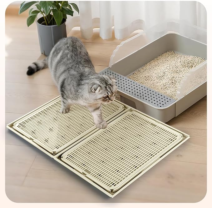 2Pack Cat Litter Box Step, Cat Litter Catcher, Expandable Interlock Litter Mat, Washable Easy Clean, Waterproof & Urine Proof, Khaki