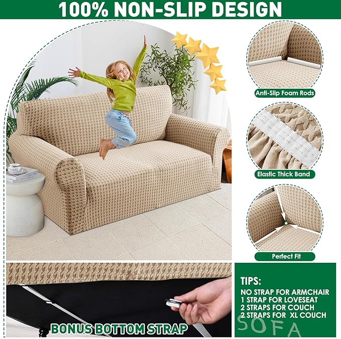 MAXIJIN Stretch Loveseat Couch Cover for 2 Cushion Couch (55"-69" Washable Sofa Slipcovers with Non-Slip Foam & Elastic Strap, Dog Cat Pet Friendly Furniture Protector (Medium, Khaki)