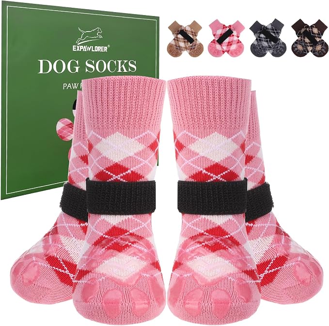 EXPAWLORER Dog Socks to Prevent Licking Paws,Dog Shoes for Hot Pavement,4 Pcs Double Sided Anti Slip Dog Socks with Grippers,Dog Booties for Small Medium Large Senior Dogs,British Style,Pink L
