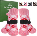 EXPAWLORER Dog Socks to Prevent Licking Paws,Dog Shoes for Hot Pavement,4 Pcs Double Sided Anti Slip Dog Socks with Grippers,Dog Booties for Small Medium Large Senior Dogs,British Style,Pink L