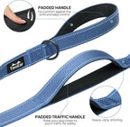 TwoEar 4FT 1IN Strong Dark Blue Dog Leash with 2 Padded Handles, Traffic Handle Extra Control, Comfortable Soft Dual Handle, Auto Lock Hook, Reflective Walking Lead for Small Medium and Large Dogs