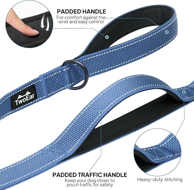 Twoear 6FT 1IN Heavy Duty Dog Leash for Large Dogs with 2 Padded Handles | Traffic Handle Extra Control, Auto Lock Hook, Strong Reflective Walking Leash for Medium and Large Breeds, Dark Blue