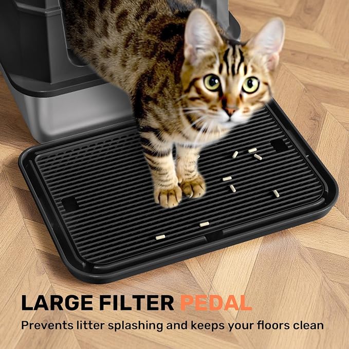 Stainless Steel Litter Box with Lid, Anti-Leakage Enclosed Metal Litter Box, Flip-Top Extra Large Kitty Litter Pan with Scoop & Pedal, Odor Free, Front & Top Dual Entry, Black