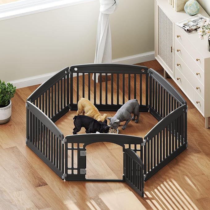 DUMOS Dog Playpen 6 Panels 24" Plastic Exercise Indoor Pen with Door Small Puppy, Medium Dogs Animal Pet Fence for Outdoor, Garden, Yard, RV Camping, Black