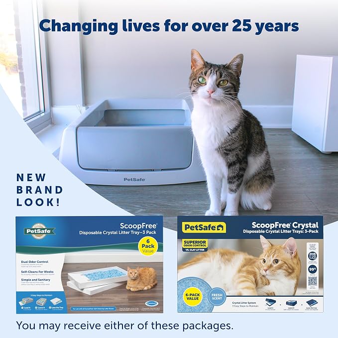 PetSafe ScoopFree Crystal Litter Tray Refills – Premium Blue Crystals, 6-Pack – Disposable Tray – Includes Leak Protection & Low Tracking Litter – Absorbs Odors on Contact