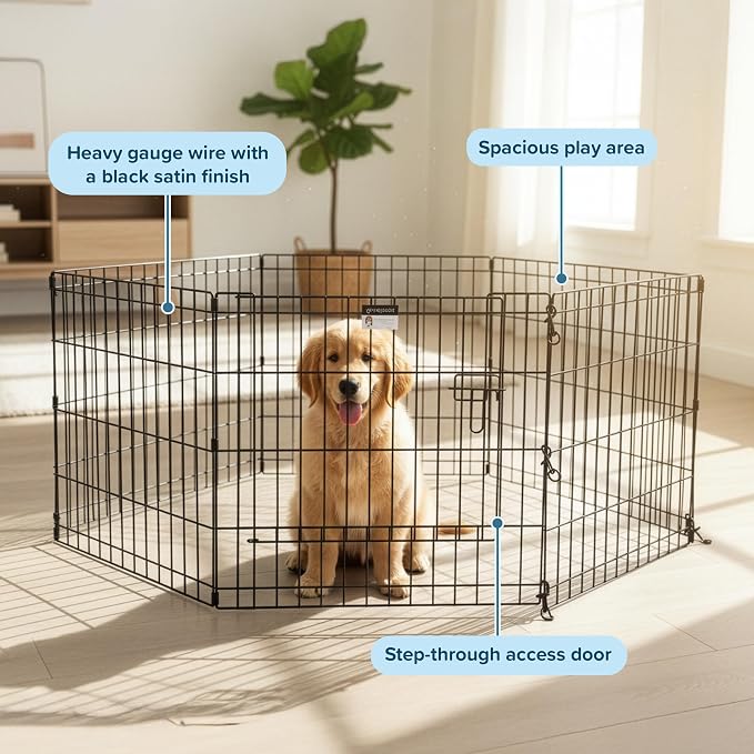 Puppy Playpen - Foldable Metal Exercise Enclosure with Eight 24-Inch Panels - Indoor/Outdoor Fence for Dogs, Cats, or Small Animals by PETMAKER