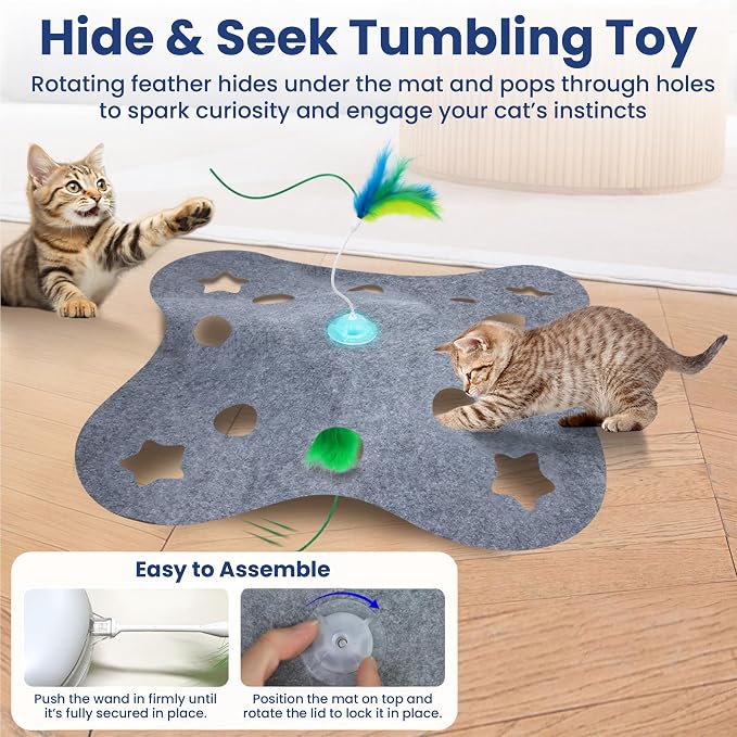 PAWSPIK Tumbling 3-in-1 Interactive Hide & Seek Cat Toy | Rechargeable Automatic Feather Chasing & Tumbling Peek-A-Boo Exercise Toy for Bored Indoor Cats & Kittens