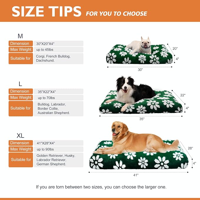 Cute Fluffy Dog Beds for Large Dogs, 35"x 22", Green Flower | Thick Dog Bed for Crate Kennel, Pet Bed with Removable Washable Cover, Anti-Slip Bottom