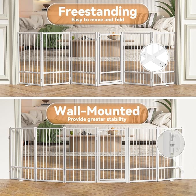 SNUOWU Full Metal Freestanding Dog Gate with Door, 36''Height Foldable Pet Dog Fence for Indoor & Outdoor, 6 Panels Extra Wide Free Standing TallDog Gates for Doorways,House,Stairs,Porch,Deck,Yard