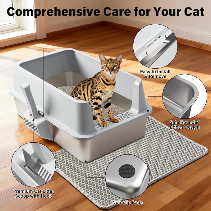 Stainless Steel Litter Box, Extra Large Cat Litter Box for Big Cats | High Sided, Anti-Urine Leakage, Easy Clean, Odor-Free, Non-Sticky, Includes Scoop & Mat