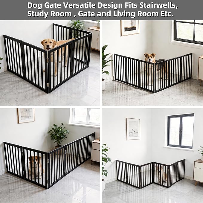 Dog Gate Indoor, Freestanding Dog Fence for The House, Doorways, Hallways,or Stairs,Pet Gate Foldable Wooden,Expandable 32" Height 6 Panels,Black