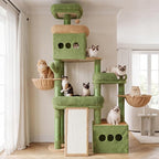 Heybly Cat Tree 72.4-Inch Anti-Tip Cat Tower with Spacious Perches HCT060GY | All-in-One Cat Furniture for Large Cats, Multiple Interactive Areas, Extra-Large Sisal Scratching Board, Green and Yellow