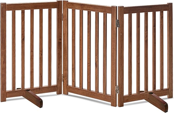 LZRS Freestanding Dog Gate 60" W x 30" H Solid Wooden Pet Gate for Doorways, Stairs & Hallways, Expandable & Foldable with Support Feet，Indoor Use,Oak