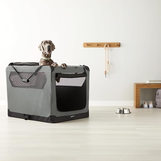 Amazon Basics Portable Foldable Soft Pet Dog Crate Carrier Kennel with Mesh Windows, Ventilation, Pockets for Large Dogs, 42 x 31 x 31 inches, Grey
