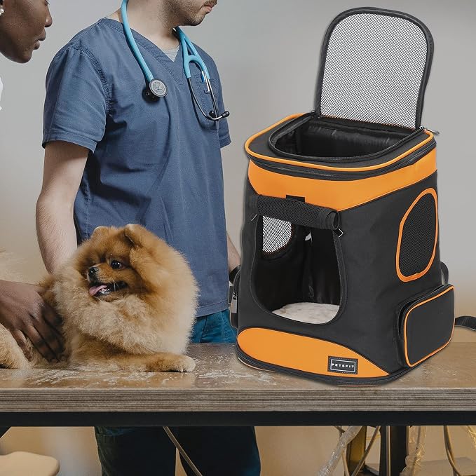 Petsfit Dog and Cat Backpack Carrier, Padded Waist Support, Up to 18 lb | 13.5 x 12.5 x 17.5 in; reinforced frame, 600D Oxford, 4 mesh panels, lockable zippers, safety tether and washable mat.