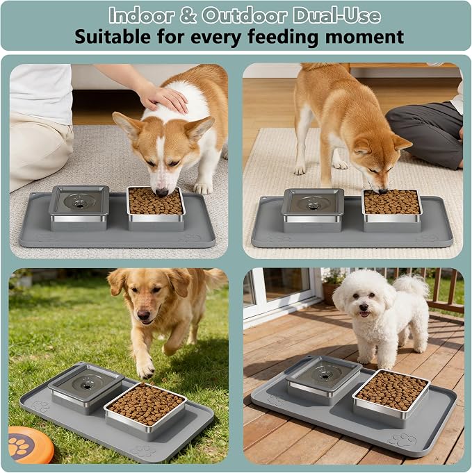 Dog Bowl Set, No Spill Dog Water and Food Bowl with Silicone Mat | Large Capacity 304 Stainless Steel Bowls, 2-In-1 Set, Slows Drinking, Anti-Slip Silicone Feeding Mat, Home/Travel, 6-7 Cups