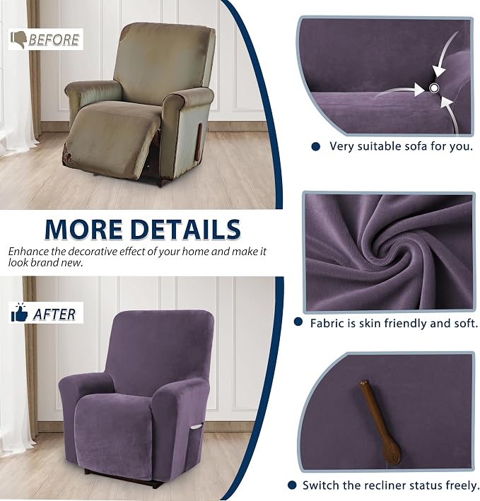 Asnomy Stretch Recliner Chair Covers Slipcover with Pockets 1-Piece（Purple） | Velvet Washable Elastic Luxury Plush Reclining Furniture Protector for Dogs Cats or Lazy Boy Recliner Covers