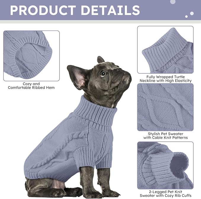 Queenmore Small Dog Pullover Sweater, Cold Weather Cable Knitwear, Classic Turtleneck Thick Warm Clothes for Chihuahua, Bulldog, Dachshund, Pug, Yorkie (Grey, Large)