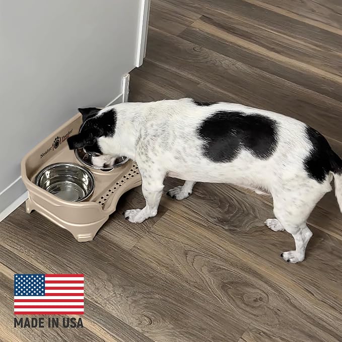 Neater Feeder Express Mess Proof Dog Bowls Elevated for Small Breed – Made in USA – No Spill Raised Slow Feeder Elevated Dog Bowl Stand, Stainless Steel Food and Water Bowl Set, Almond