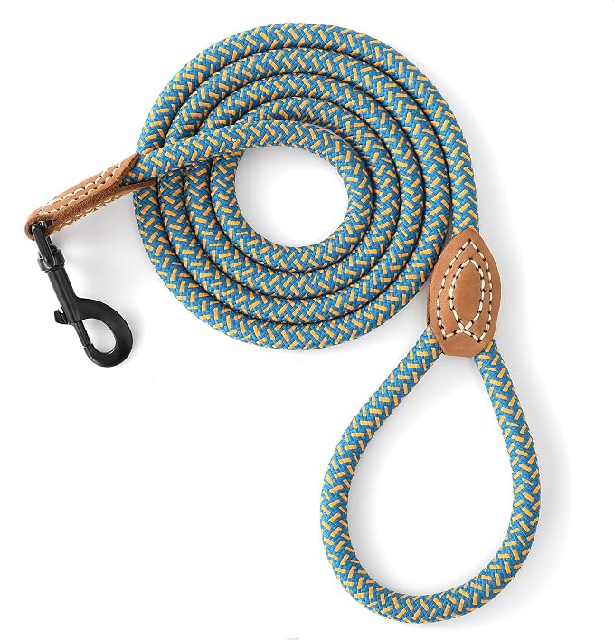 Mile High Life Dog Leash with Genuine Leather Connection, 6 FT/5 FT/4 FT | Rope Leash, Heavy Duty 360° Swivel Metal Clasp, for Small Medium & Large Dogs (Peacock Blue, 72 Inch)