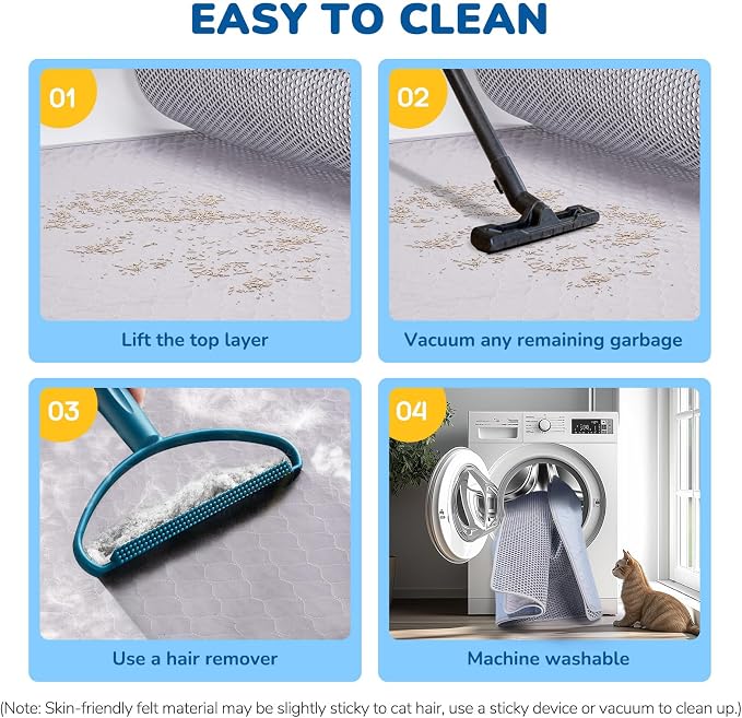 Cat Litter Mat 47" x 35" XL, Washable Urine-Proof Non-Slip Gray | Machine Washable, Upgraded Felt & Fabric Material Litter Mat for Fewer Creases, Hold 3-4 Litter Boxes, Soft on Paws