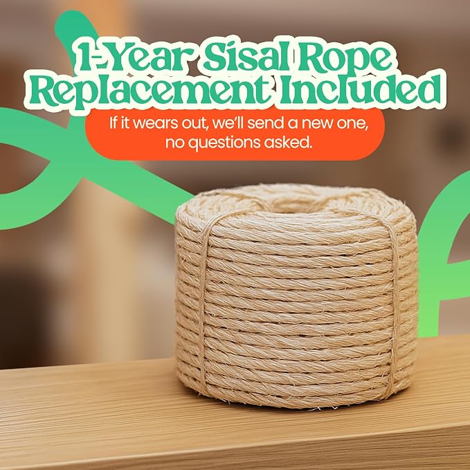 35" Solid Wood Cat Scratching Post, Stop Replacing Cheap Post | 18 lb Heavy Build, Natural Pear Tree Trunk, Beautiful Raw Look, RubberWood Base with Oak Veneer, 1-Year Free Rope Replacement