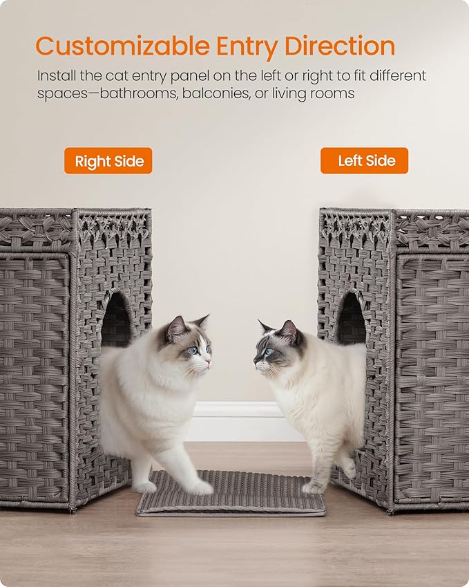 Feandrea Cat Litter Box Enclosure, Handwoven Rattan Hidden Furniture | Extra Litter Mat, Removable Washable Tray, Boho Cat House, End Table, Dove Gray UPCL014G01
